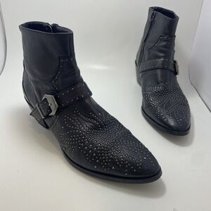Zara Black Leather Silver Studded Ankle Boots‎ Buckle Accent Side Zip Leather 41